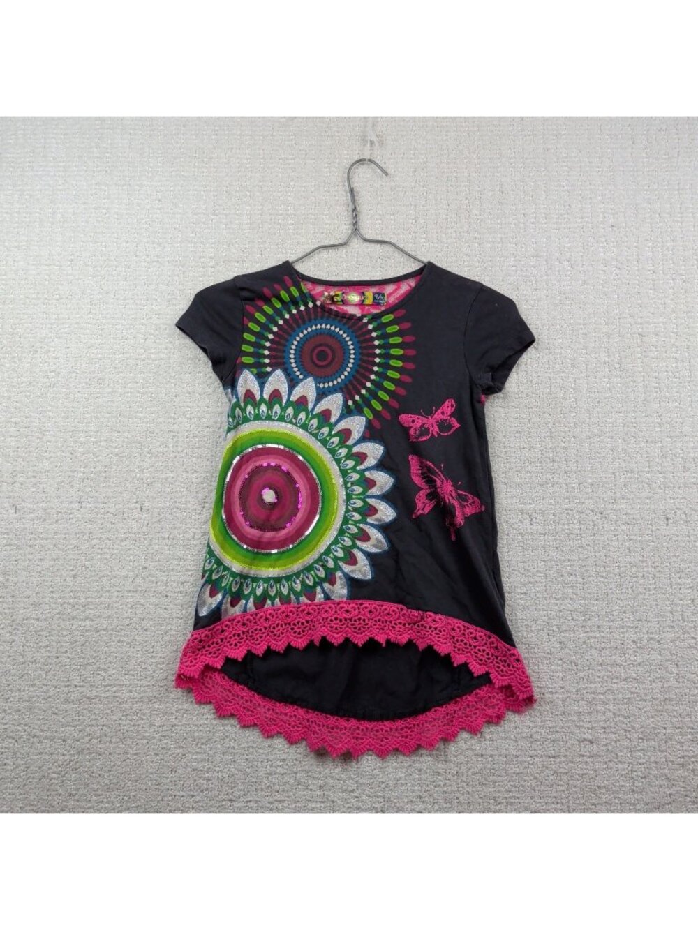 DESIGUAL Shirt Mandala Glitter Boho Lace Butterfly Girls 9-10 Years Artsy Hippie